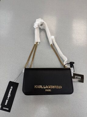 Karl Lagerfeld Black Leather Crossbody Bag with Gold Chain